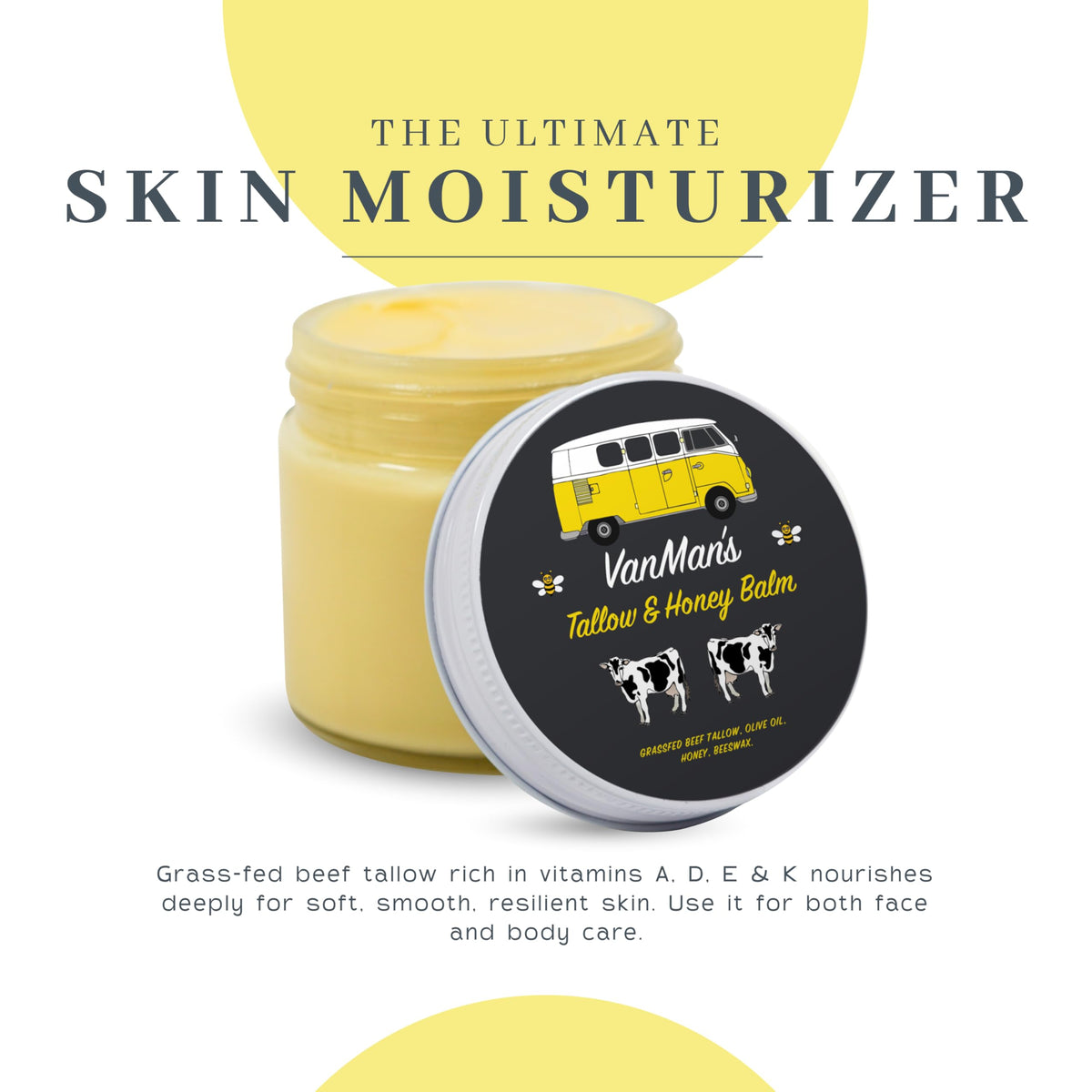 Vanman's Tallow & Honey Balm in a jar, a skin moisturizer rich in vitamins for soft, resilient skin. Verified by CuratCart.