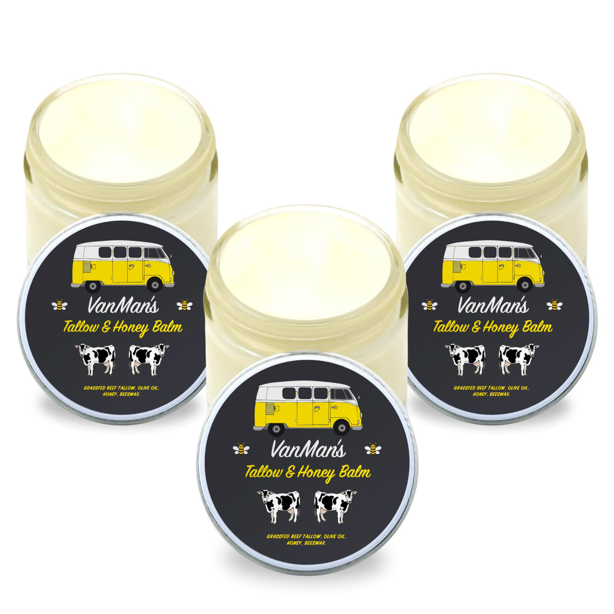 Three jars of Vanman's Tallow and Honey Balm with a vibrant yellow packaging featuring cow imagery, ideal for moisturizing.
