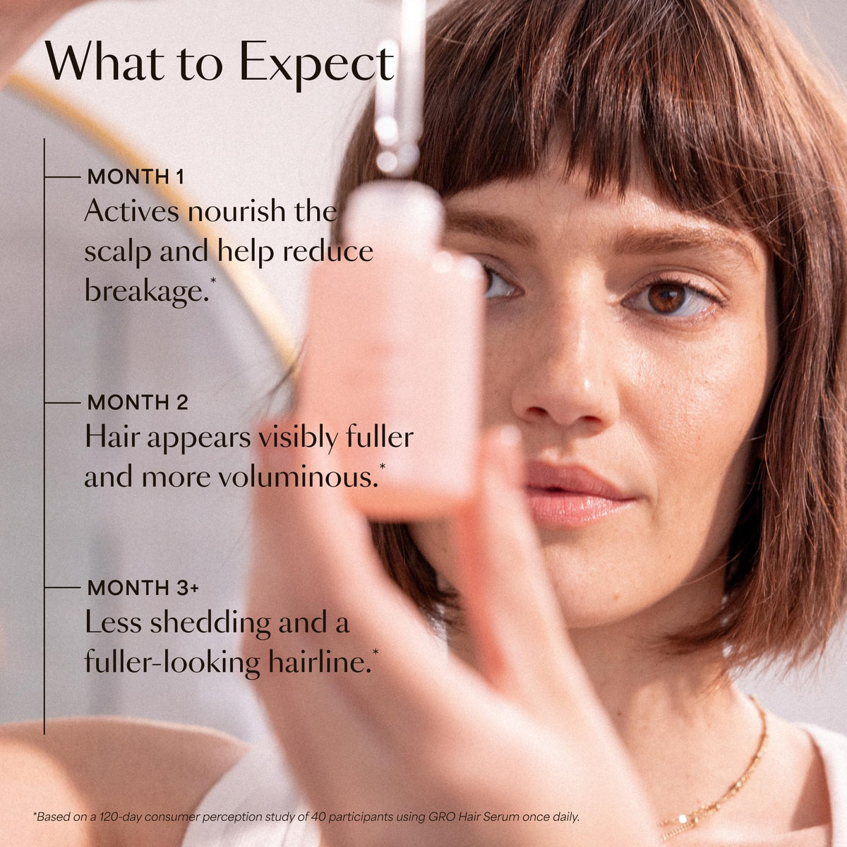 Image shows a woman applying VEGAMOUR GRO Hair Serum, highlighting benefits over three months on packaging.