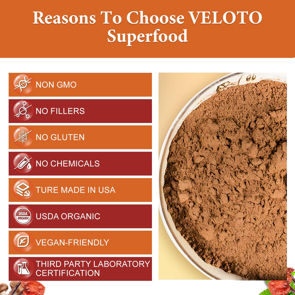 Discover VELOTO Organic Mega Mushroom Powder, a premium superfood exclusively at Curat Cart, featuring USDA Organic certification and no fillers.