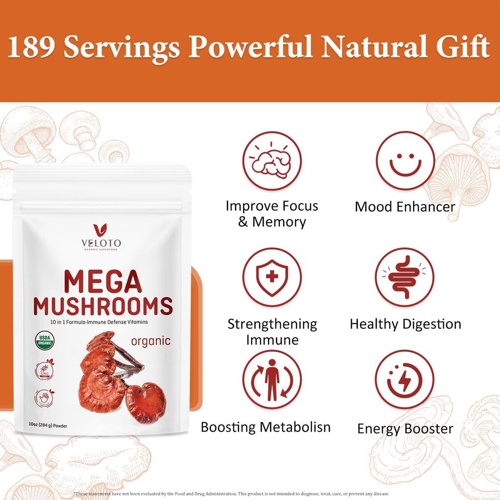VELOTO Organic Mega Mushroom Powder boosts immunity and enhances focus, ideal for daily wellness. Available at Curat Cart.