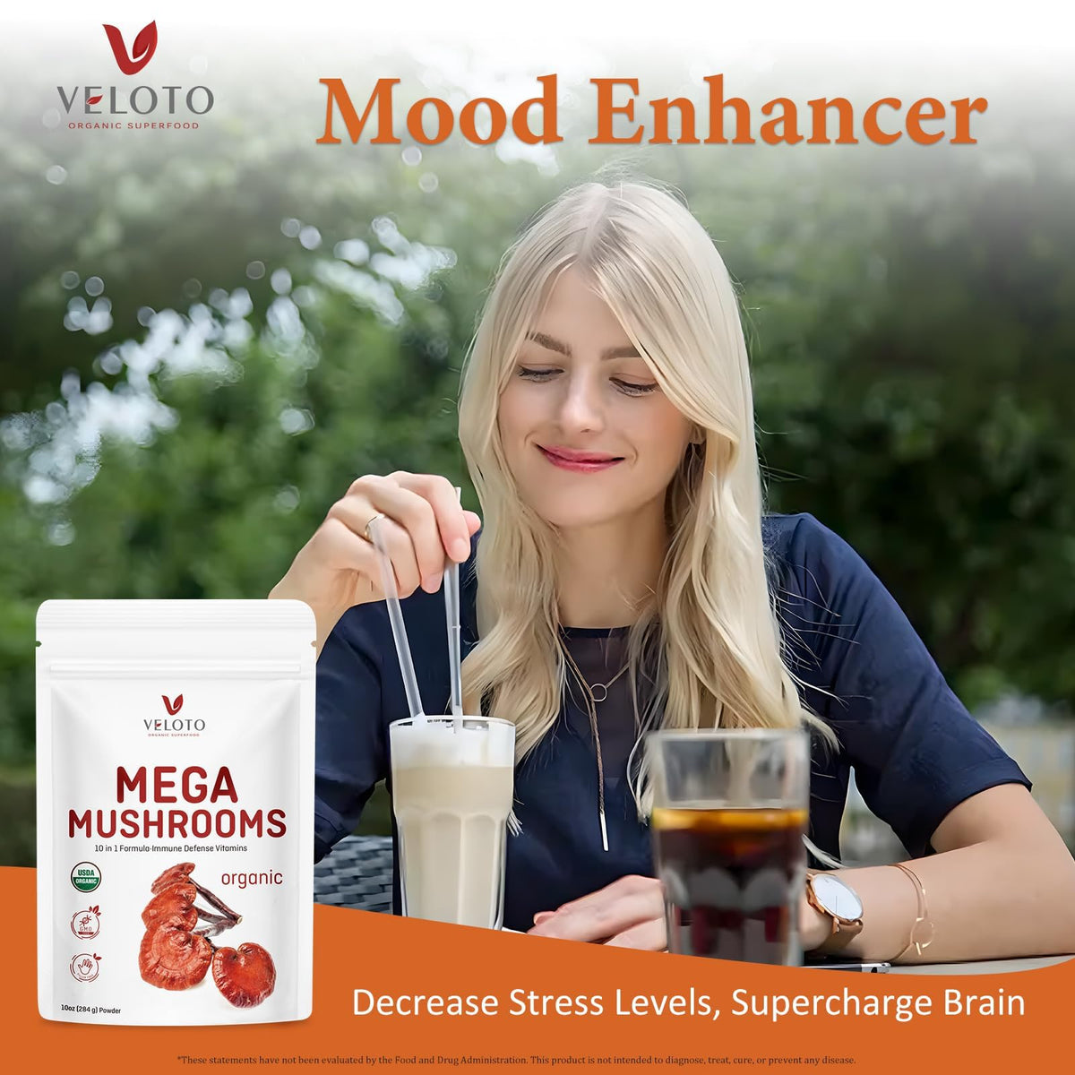 VELOTO Organic Mega Mushroom Powder in high-quality packaging, promoting mood enhancement and cognitive benefits. Available at Curat Cart.