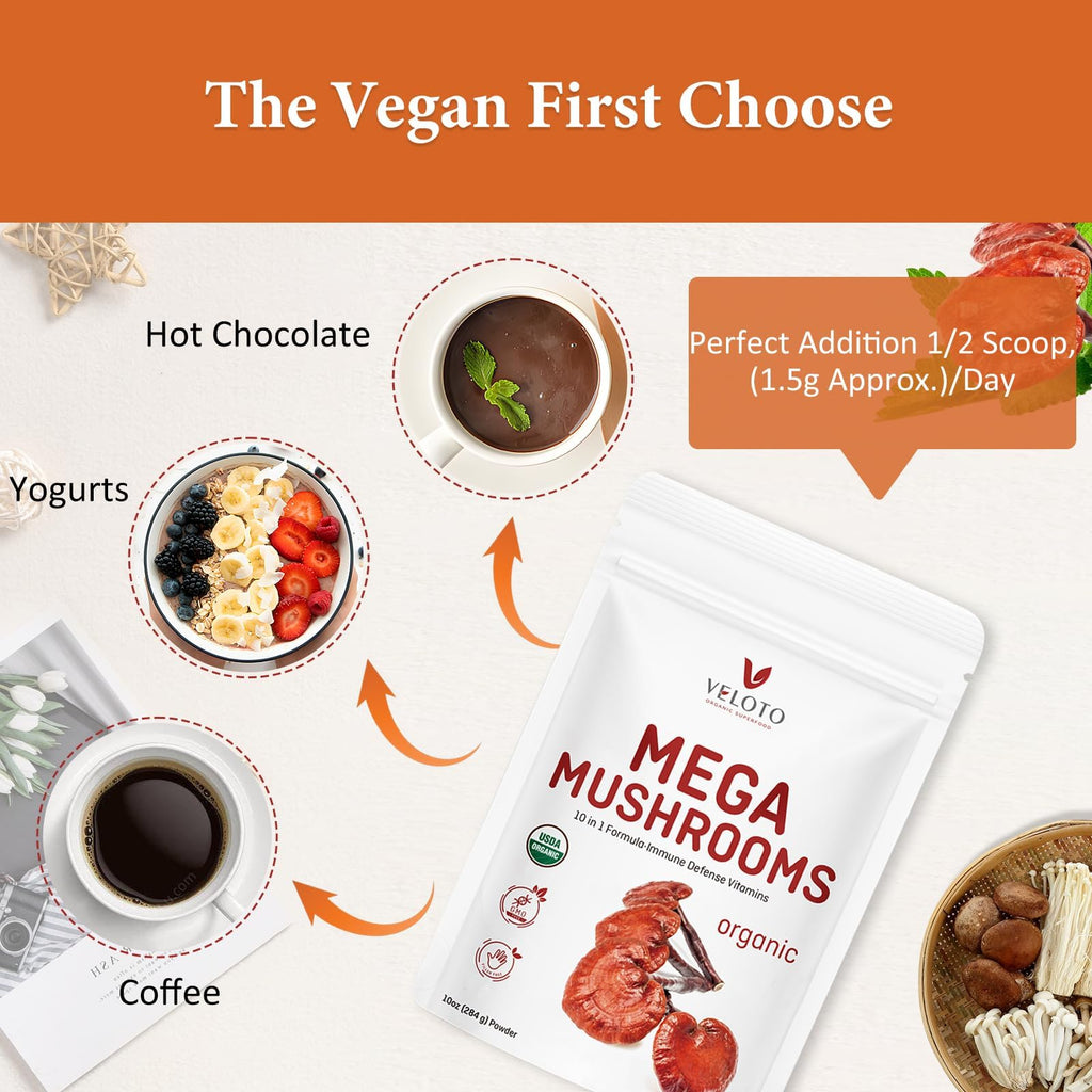 Discover VELOTO Organic Mega Mushroom Powder, a premium import enhancing coffees, yogurts, and hot chocolate. Available at Curat Cart.