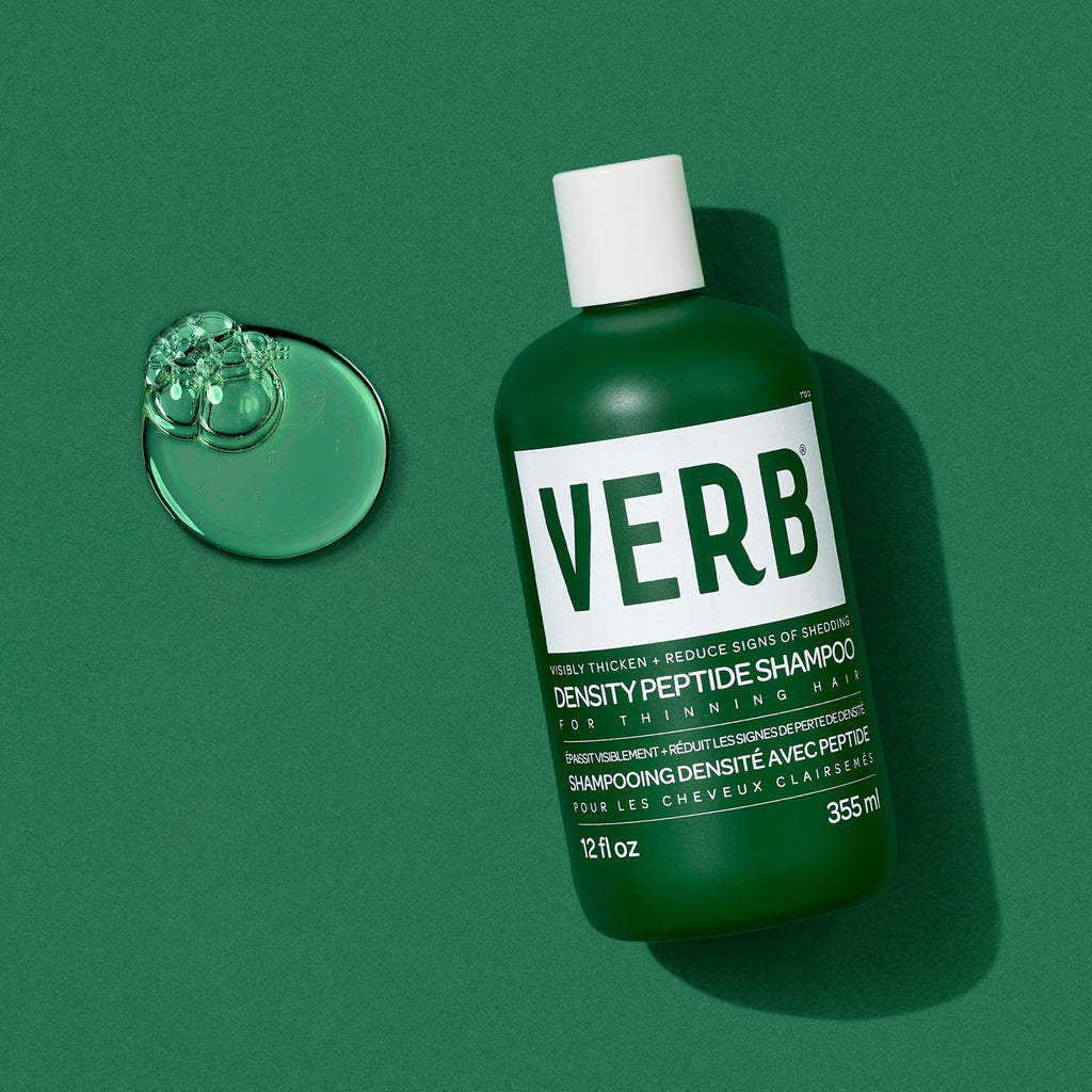VERB Density Peptide Shampoo bottle on vibrant green backdrop, promoting thicker, healthier hair. Verified by CuratCart.
