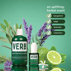 VERB Density Peptide Shampoo and serum on a green background, featuring botanical herbs like lavender and sage.