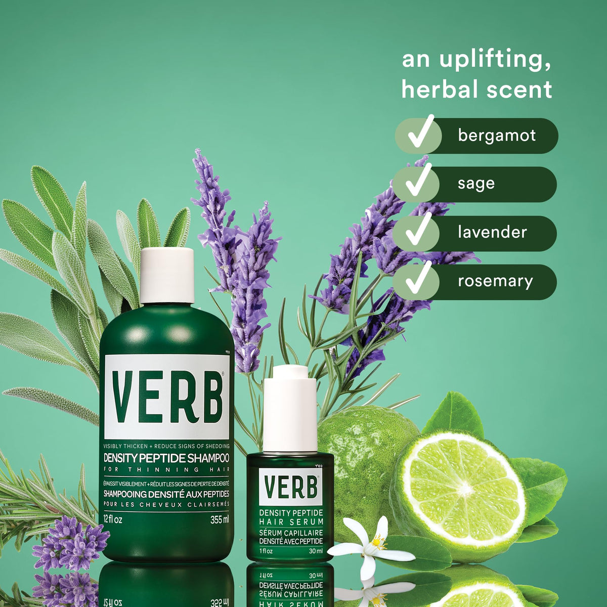 VERB Density Peptide Shampoo and serum on a green background, featuring botanical herbs like lavender and sage.