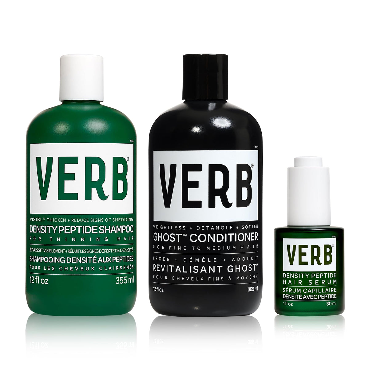 VERB Density Peptide Shampoo, Conditioner, and Hair Serum in sleek packaging for fine, thinning hair. Verified by CuratCart.
