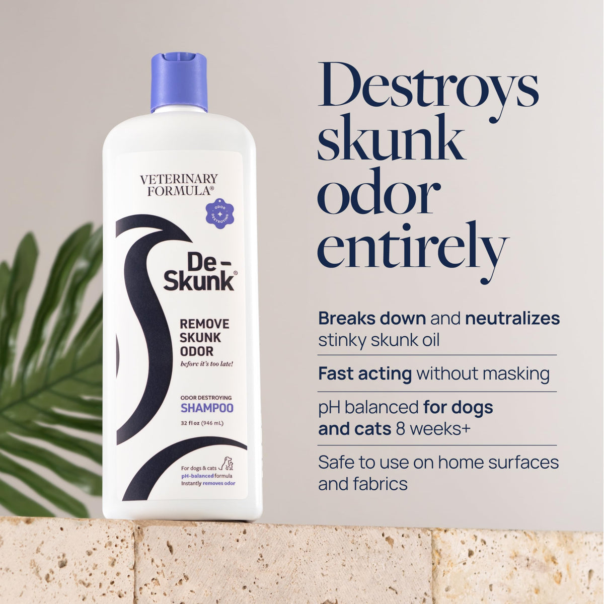 Veterinary Formula De-Skunk Shampoo effectively neutralizes skunk odor. Official packaging from Curat Cart ensures quality and safety.