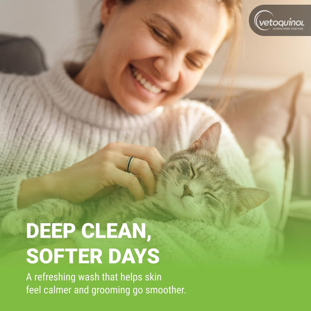Vetoquinol BPO-3 Shampoo in official packaging, promoting a deep clean for pets. Available at Curat Cart for premium quality care.