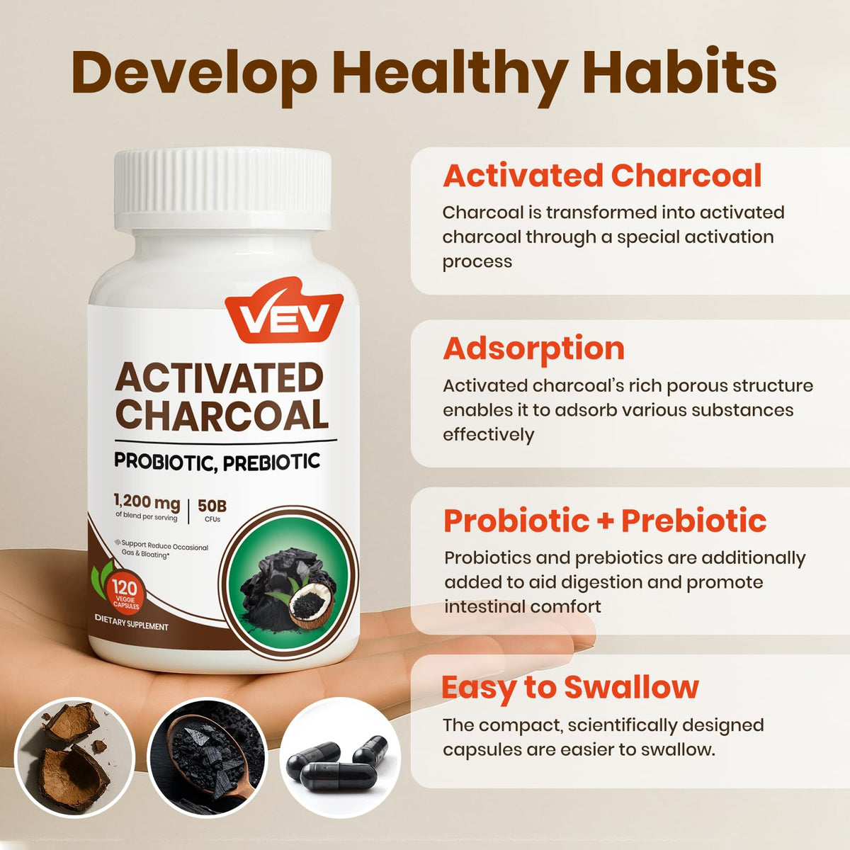 VEV Activated Charcoal Probiotics - Front Packaging With Key Benefit Callouts | Authentic Curat Cart Stock
