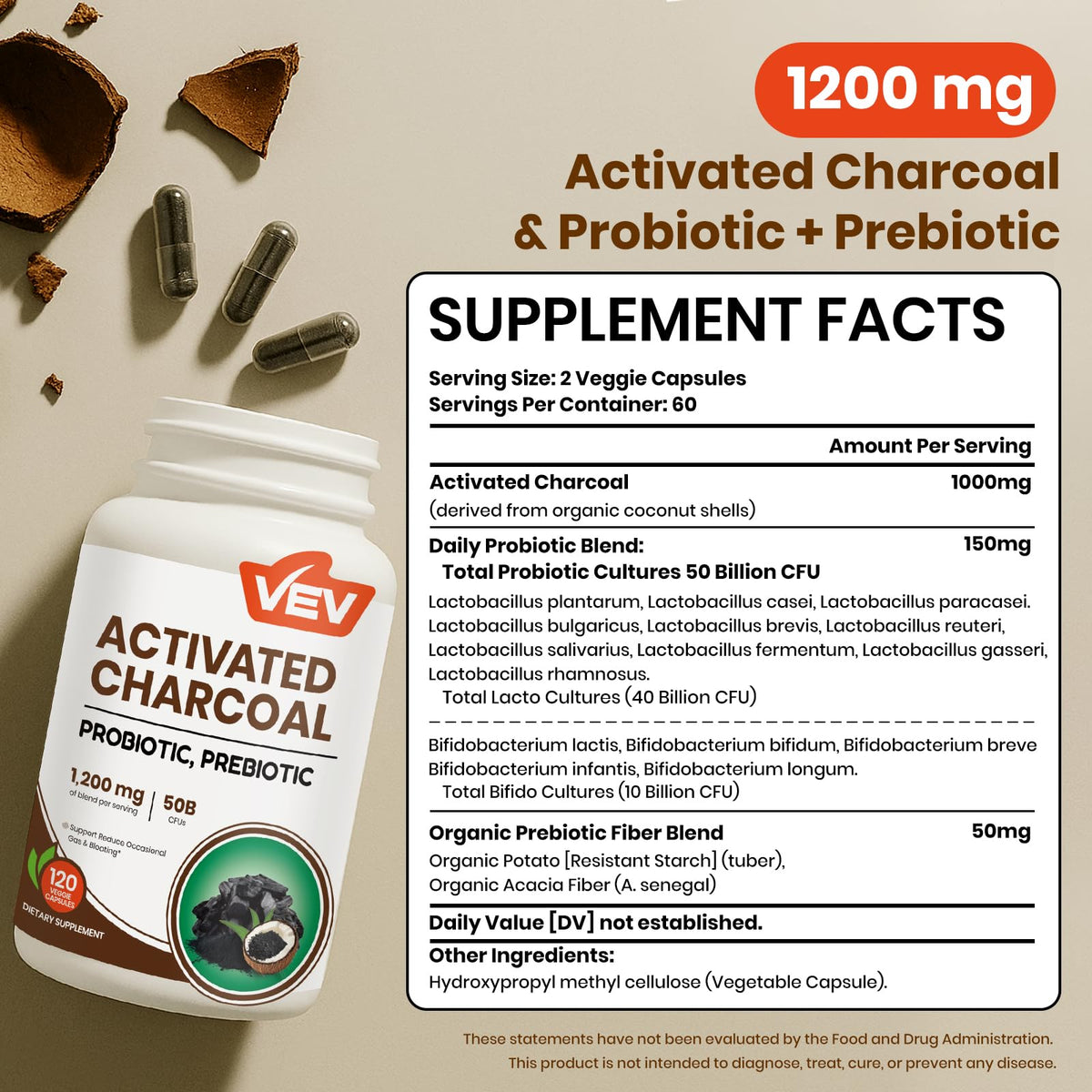 VEV Activated Charcoal Probiotics - Front Packaging With Supplement Facts | Authentic Curat Cart Stock
