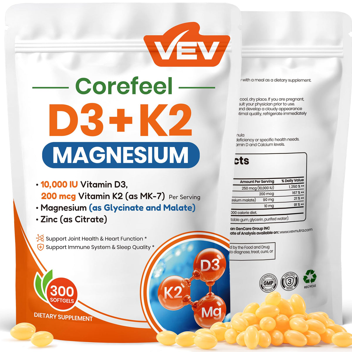 VEV Corefeel Vitamin D3 K2 Magnesium - Front Packaging With Key Benefit Callouts | Authentic Curat Cart Stock