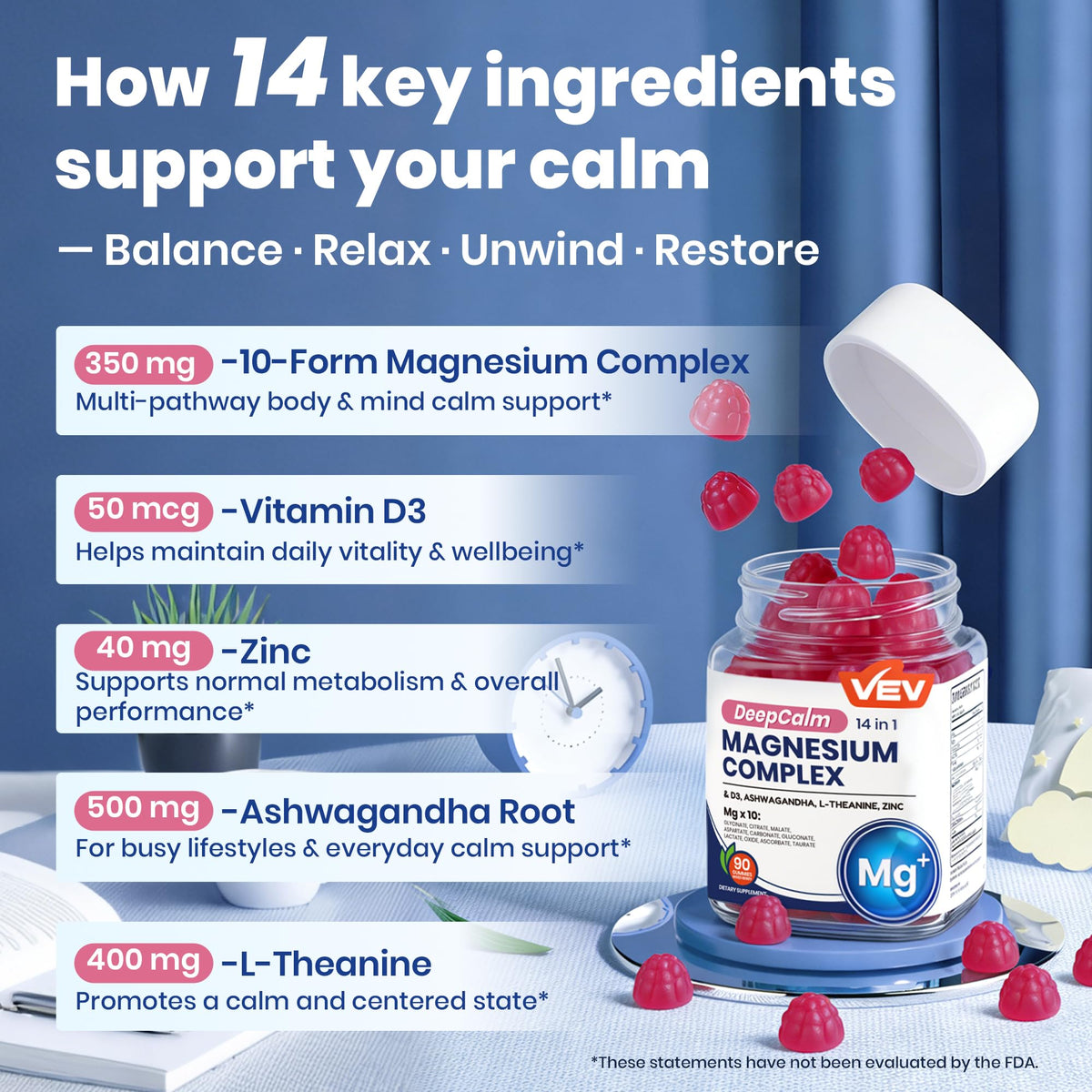 VEV Deep Calm Magnesium Complex Gummies - Front Packaging With Key Benefit Callouts | Authentic Curat Cart Stock