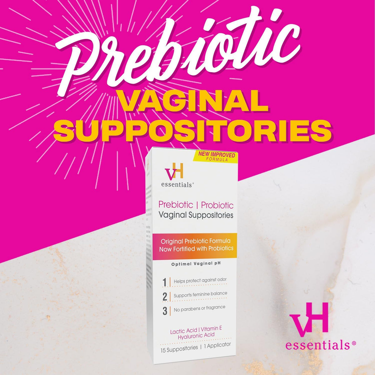 vH essentials Prebiotic Vaginal Suppositories - Front Packaging With Key Benefit Callouts | Authentic Curat Cart Stock