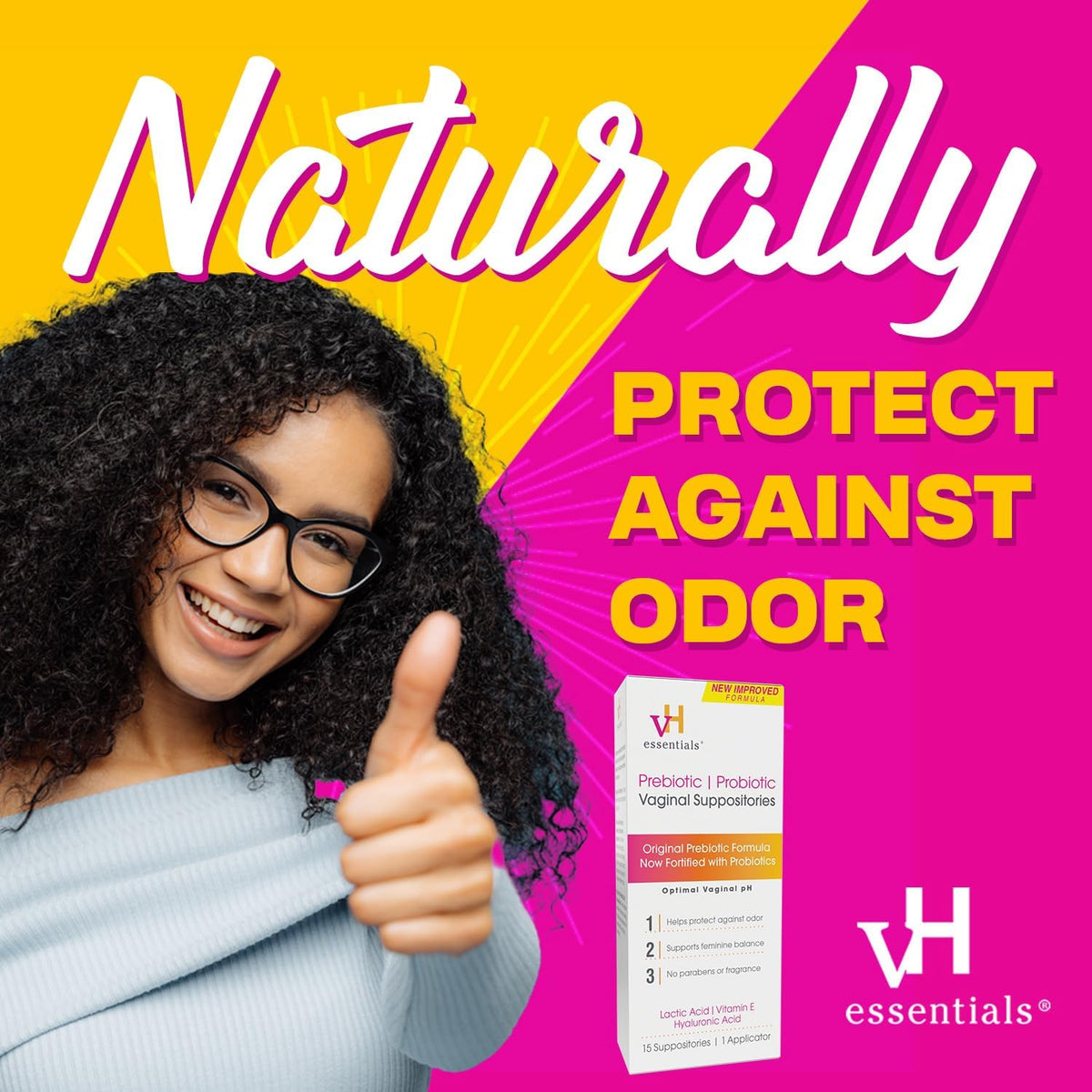 vH essentials Prebiotic Vaginal Suppositories - Front Packaging With Key Benefit Callouts | Authentic Curat Cart Stock
