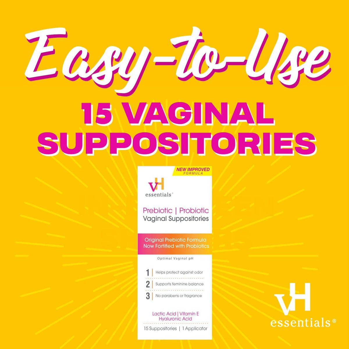 vH essentials Prebiotic Vaginal Suppositories - Front Packaging With Key Benefit Callouts | Curat Cart India