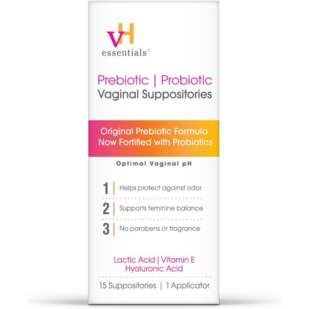 vH essentials Prebiotic Vaginal Suppositories - Front Packaging With Key Benefits | Authentic Curat Cart Stock