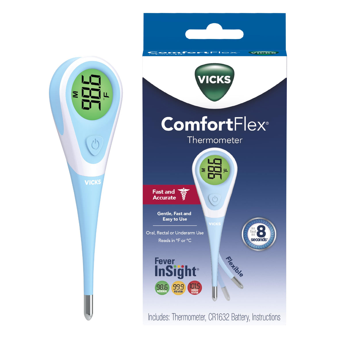 Vicks ComfortFlex Digital Thermometer - Front Packaging With Key Benefit Callouts | Authentic Curat Cart Stock