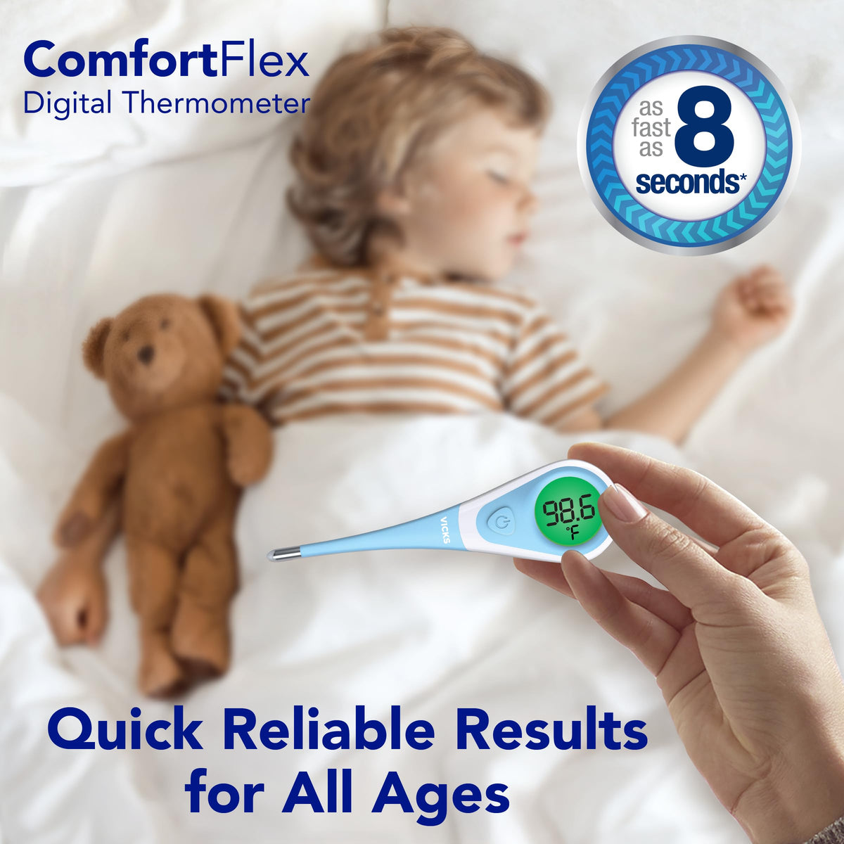 Vicks ComfortFlex Digital Thermometer - Front Packaging With Key Benefit Callouts | Authentic Curat Cart Stock