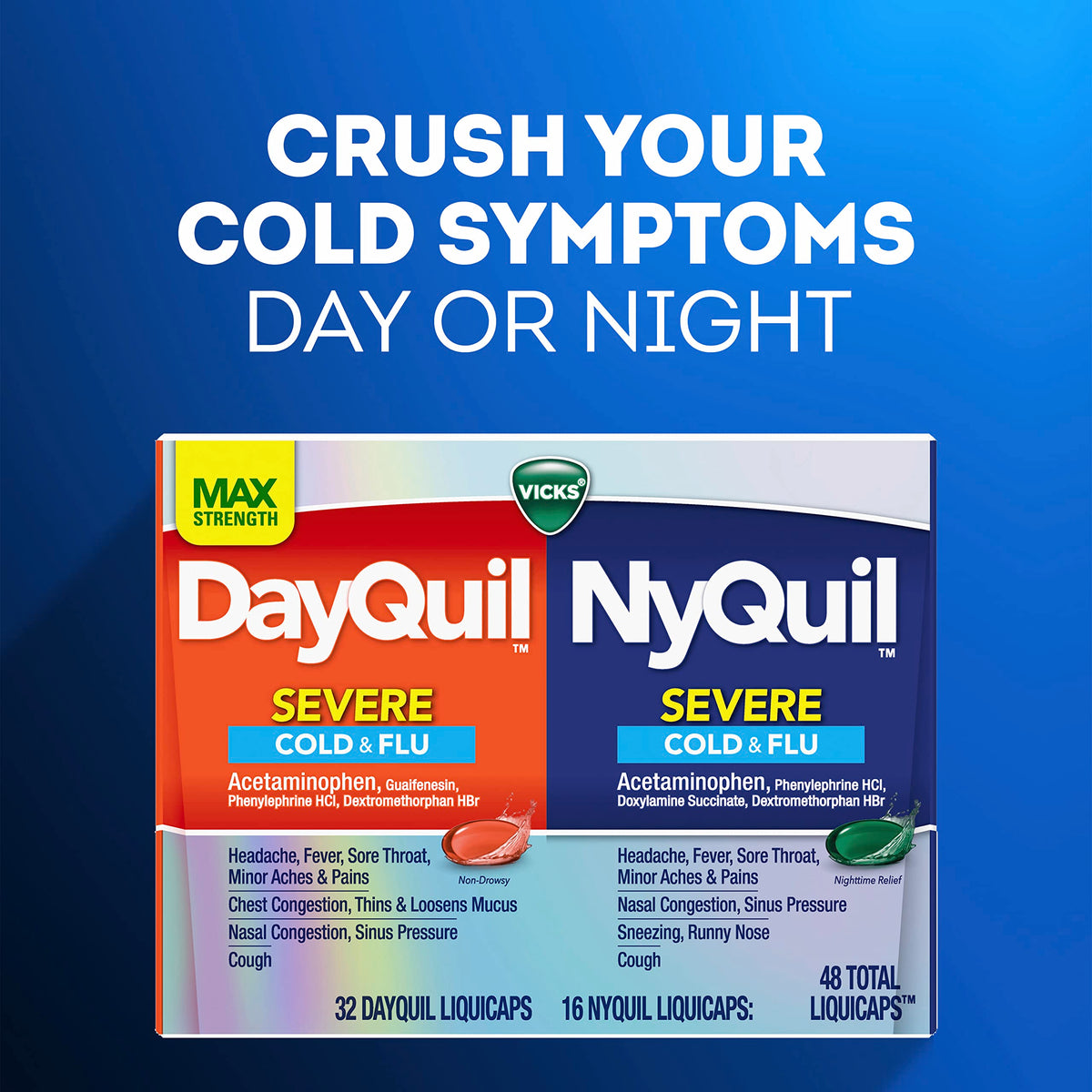 Vicks DayQuil NyQuil Severe Cold - Front Packaging With Key Benefits | Authentic Curat Cart Stock