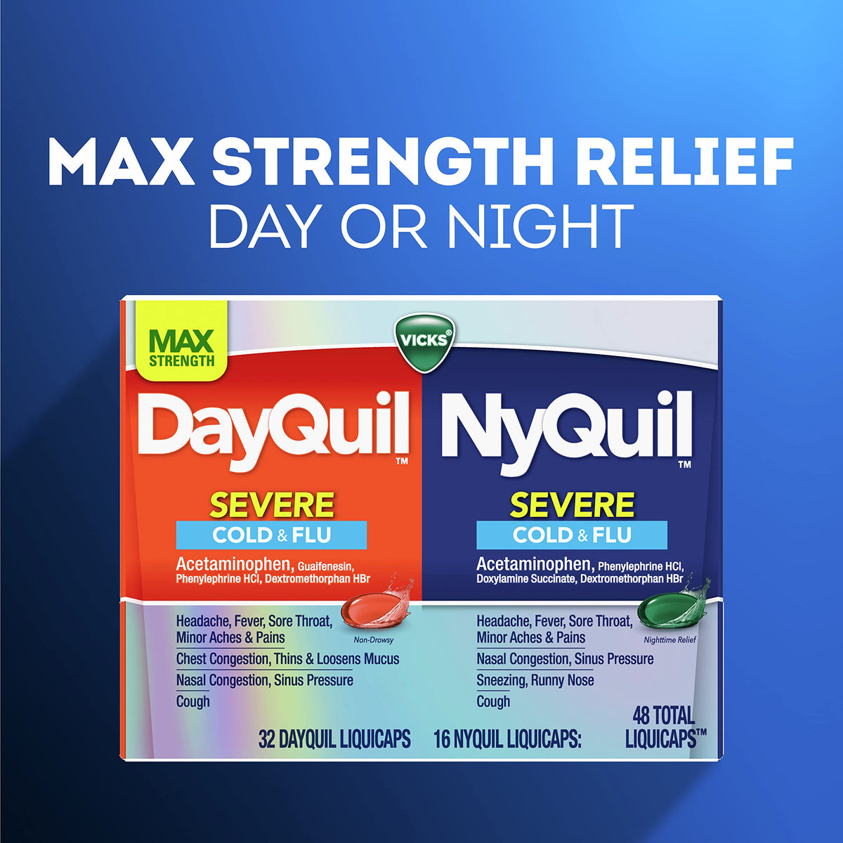 Vicks DayQuil NyQuil Severe Cold - Front Packaging With Max Strength Relief | Authentic Curat Cart Stock