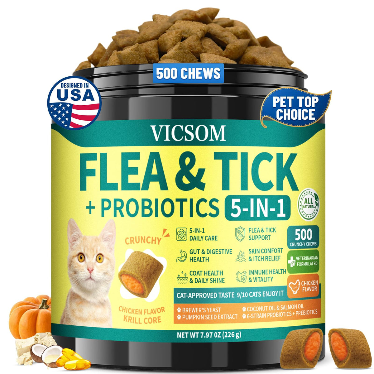 VICSOM Flea and Tick Prevention offers 5-in-1 health benefits with probiotics, a premium import available at Curat Cart. Enjoy chicken flavor.