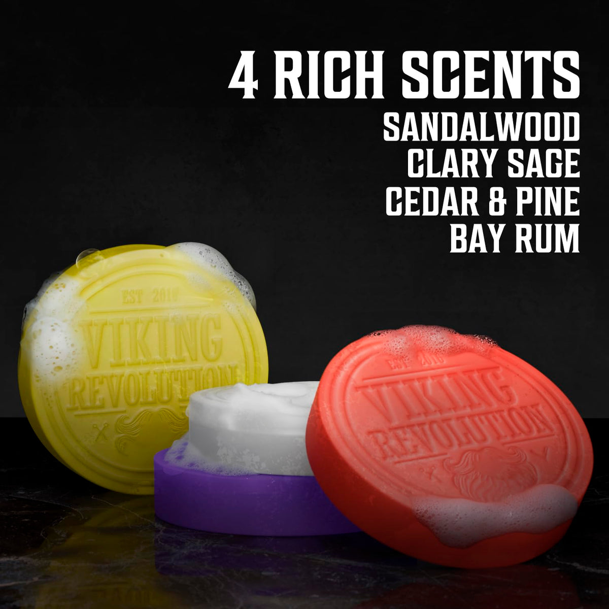 Viking Revolution Shaving Soap Variety includes Sandalwood, Clary Sage, Cedar & Pine, and Bay Rum. Premium imported.