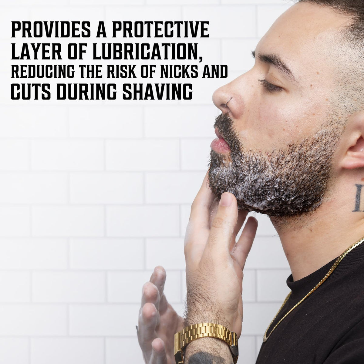 A man using Viking Revolution Shaving Soap, showcasing its protective lubrication for a smooth shave.