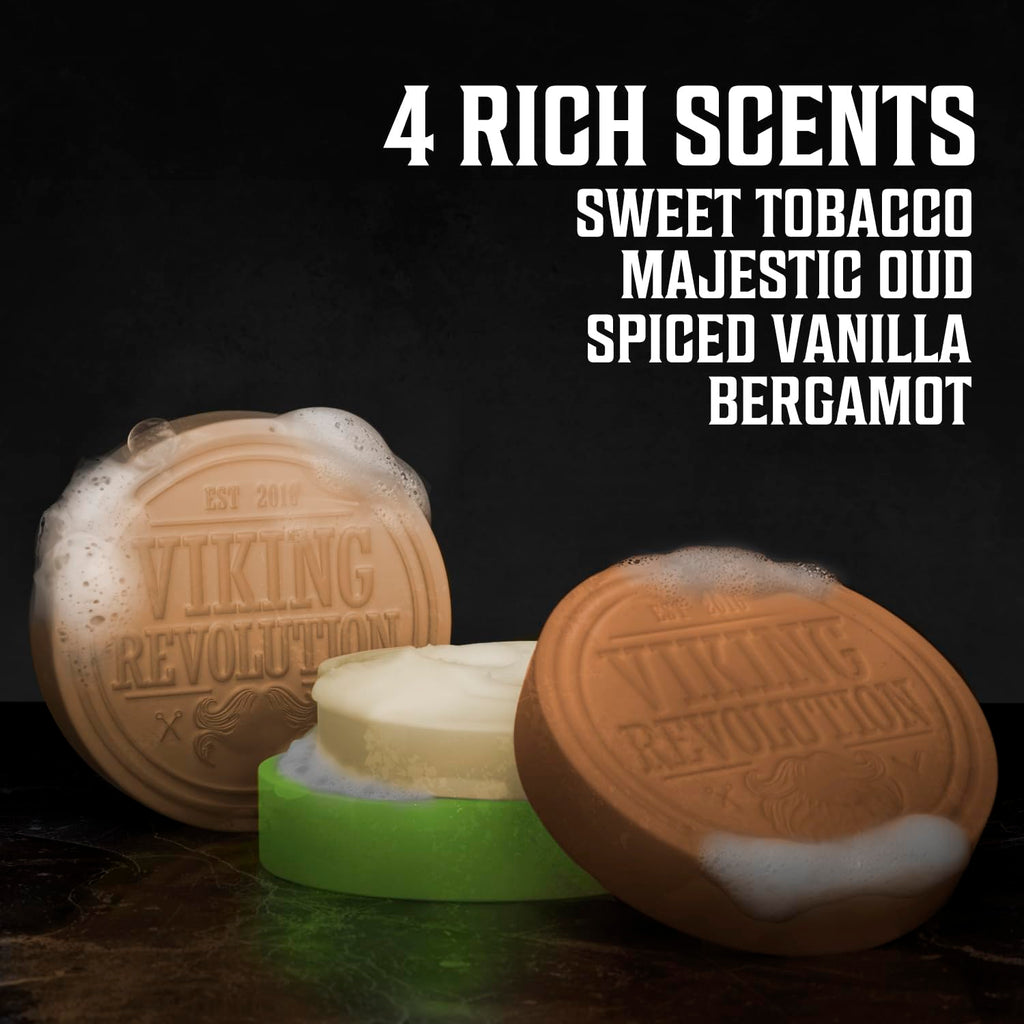 Viking Revolution presents four rich shaving soap scents: Sweet Tobacco, Majestic Oud, Spiced Vanilla, and Bergamot in original packaging.
