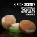 Viking Revolution presents four rich shaving soap scents: Sweet Tobacco, Majestic Oud, Spiced Vanilla, and Bergamot in original packaging.