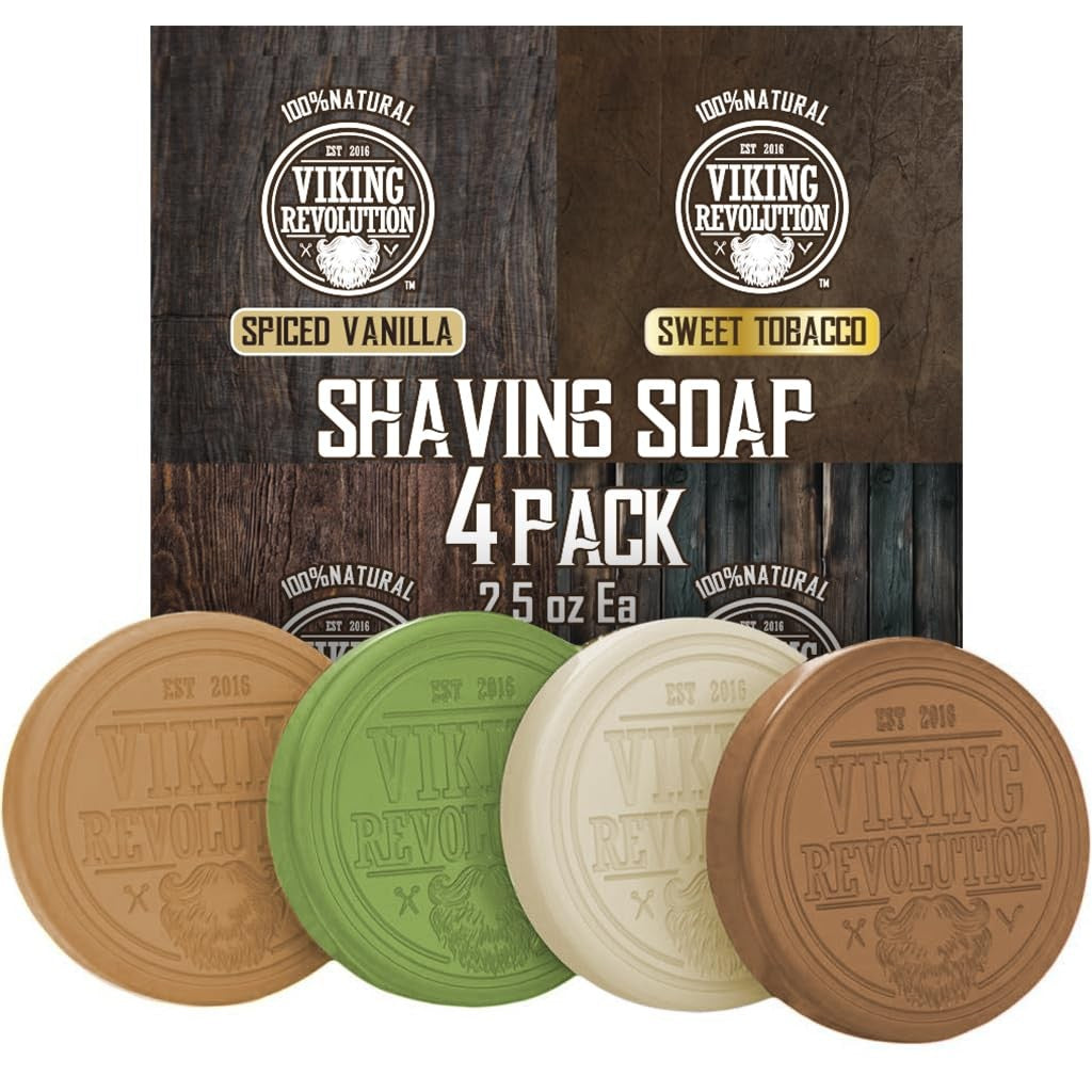 Discover Viking Revolution's 4-pack shaving soap, crafted with 100% natural ingredients. Authentic Spiced Vanilla and Sweet Tobacco scents.