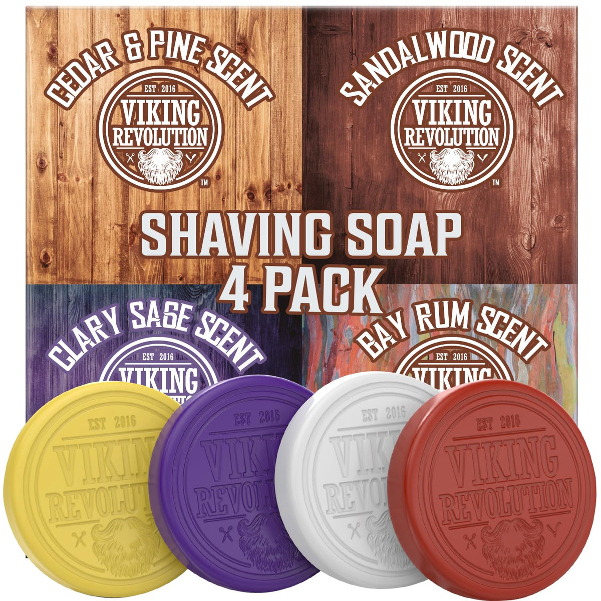 Viking Revolution Shaving Soap 4 pack includes Cedar & Pine, Sandalwood, Clary Sage, and Bay Rum scents. Verified by CuratCart.