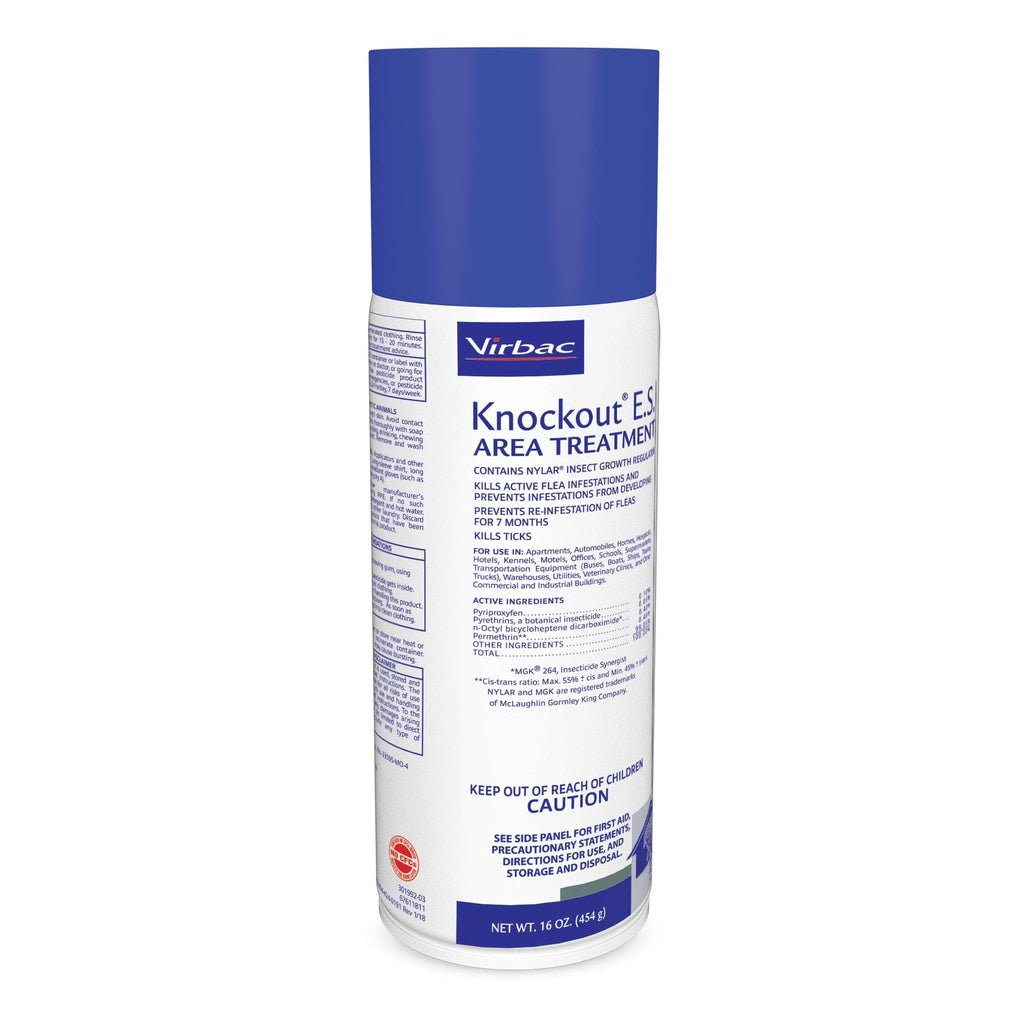 Virbac Knockout ES Carpet Spray in official packaging, designed to eliminate fleas and ticks effectively. Available at Curat Cart.