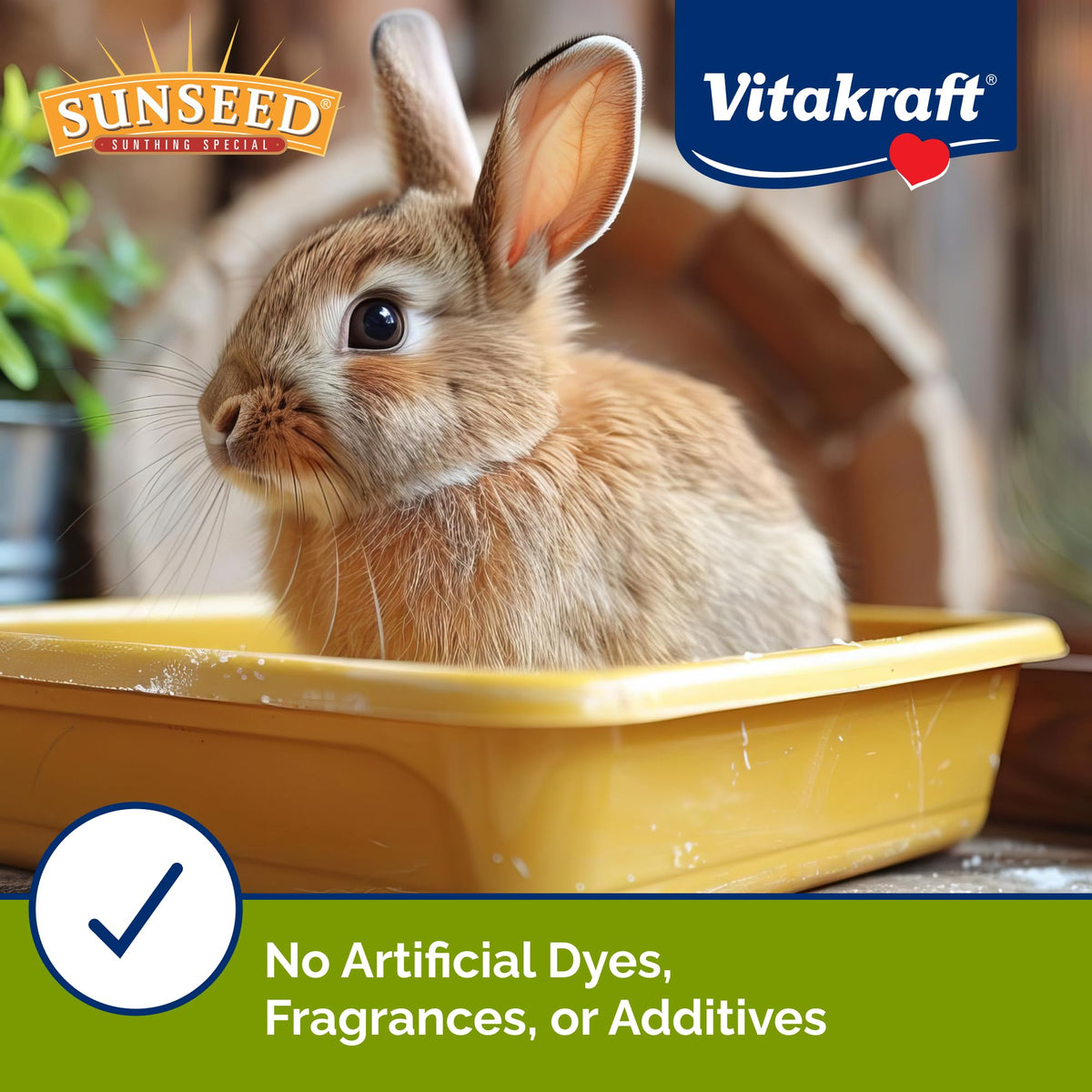 VitaKraft Natural Corn Cob Bedding showcasing a healthy rabbit. Premium imported, free from artificial dyes and additives. Available at Curat Cart.