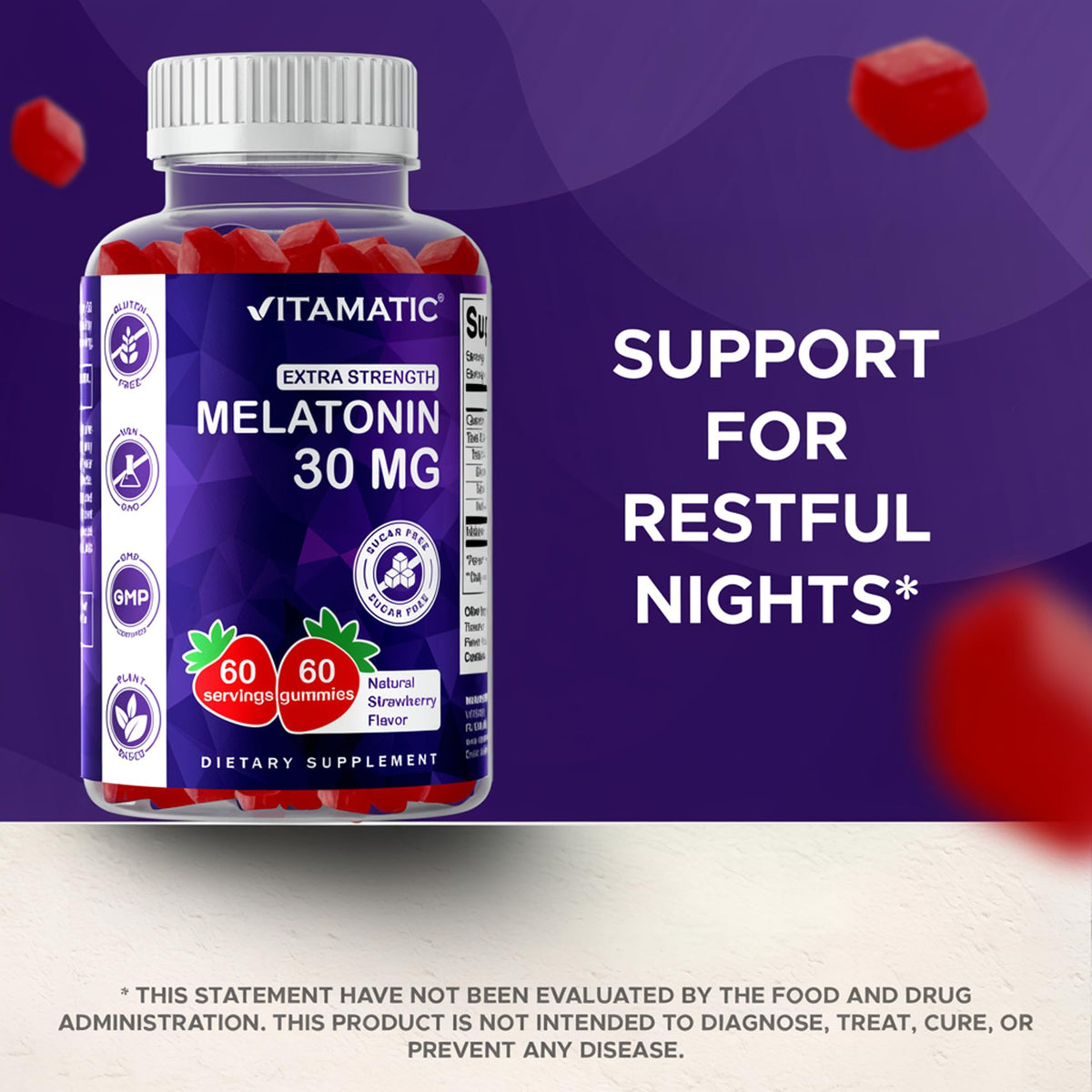 Vitamatic Sugar Free Melatonin Gummies, 30 mg for restful nights. Perfect for daily use. Available at Curat Cart.