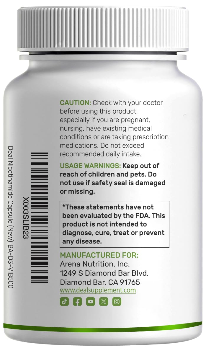 Nicotinamide 1000mg capsules in official packaging, ensuring premium quality. Available at Curat Cart for optimal health benefits.
