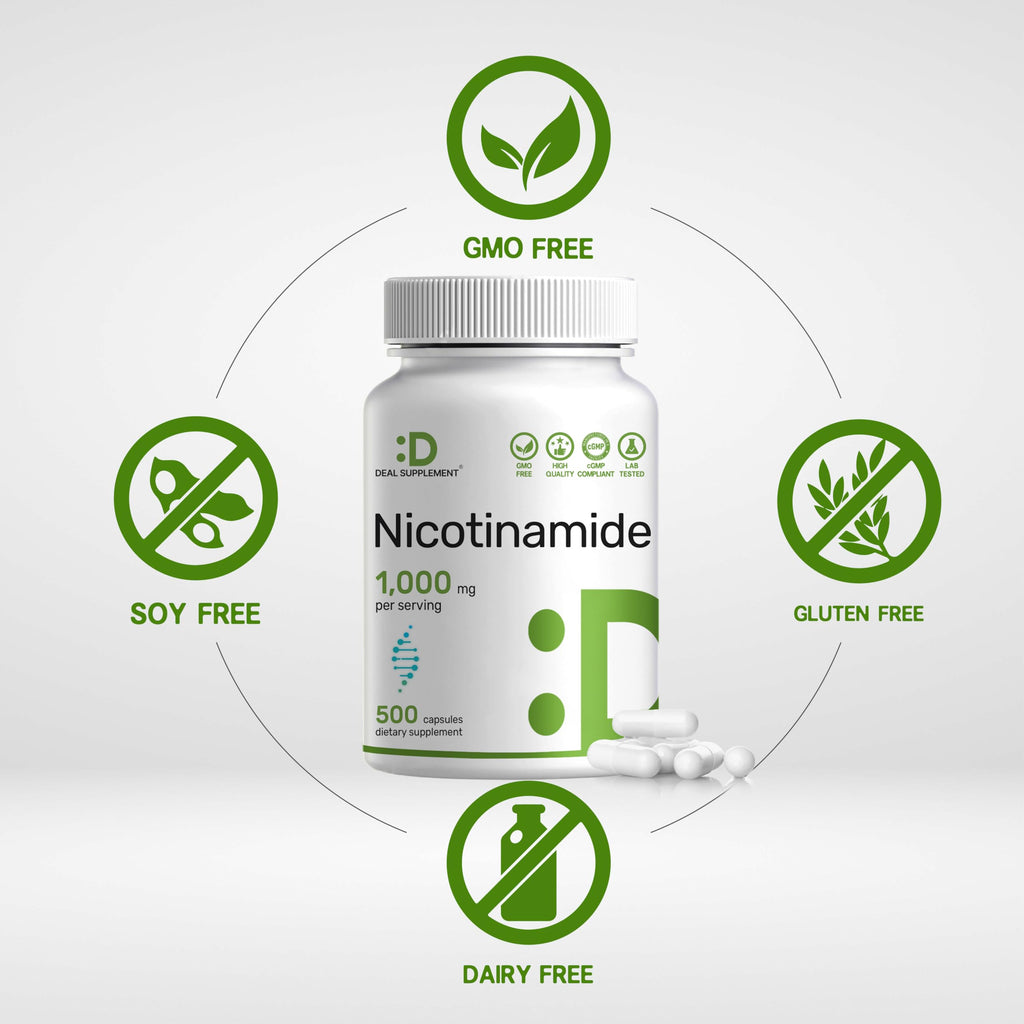 Nicotinamide 1000mg capsules in official packaging, GMO, soy, gluten, and dairy free. Available at Curat Cart.