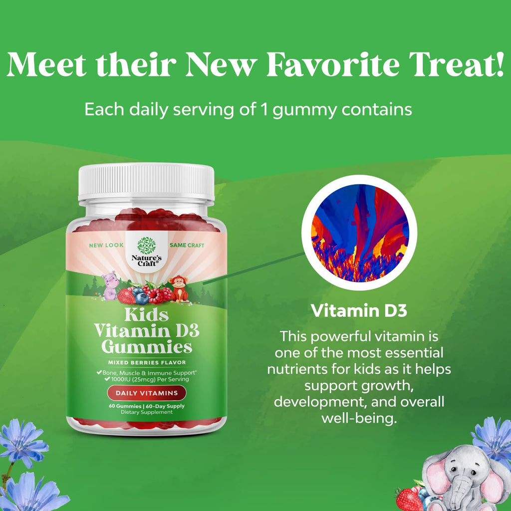 Kids Vitamin D3 Gummies in official packaging from Curat Cart, offering essential nutrients for growth and well-being.