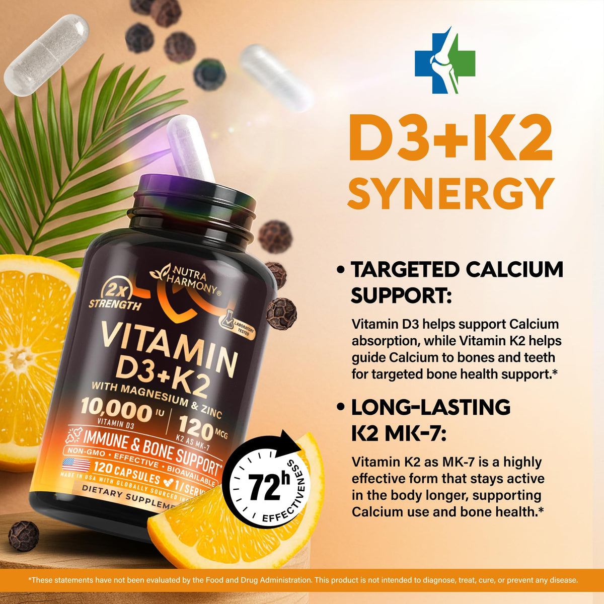 Vitamin D3 K2 Complex - Front Packaging With Key Benefit Callouts | Genuine Imported Product