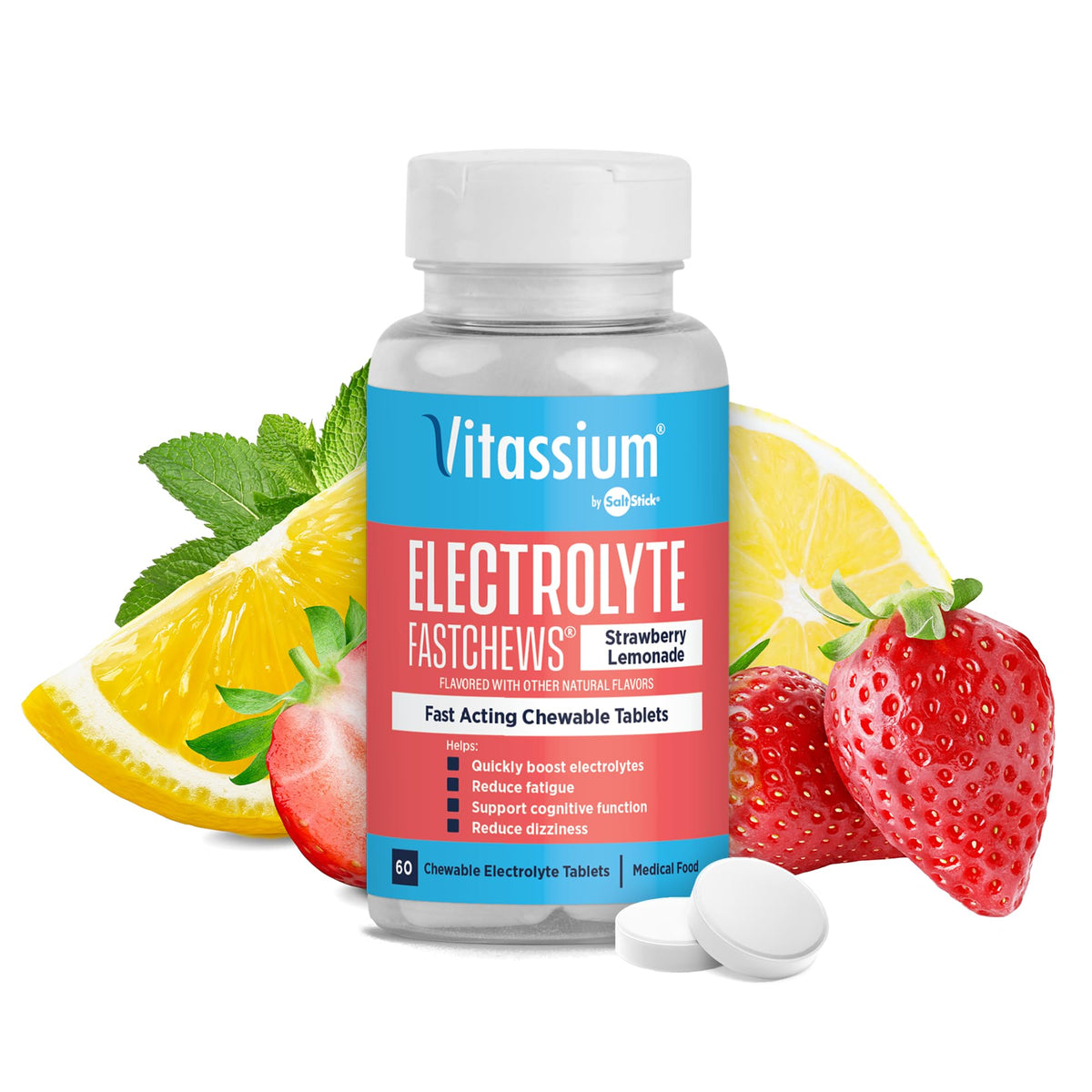 Vitassium FastChews Electrolyte Tablets - Front Packaging With Key Benefits | Genuine Imported Product
