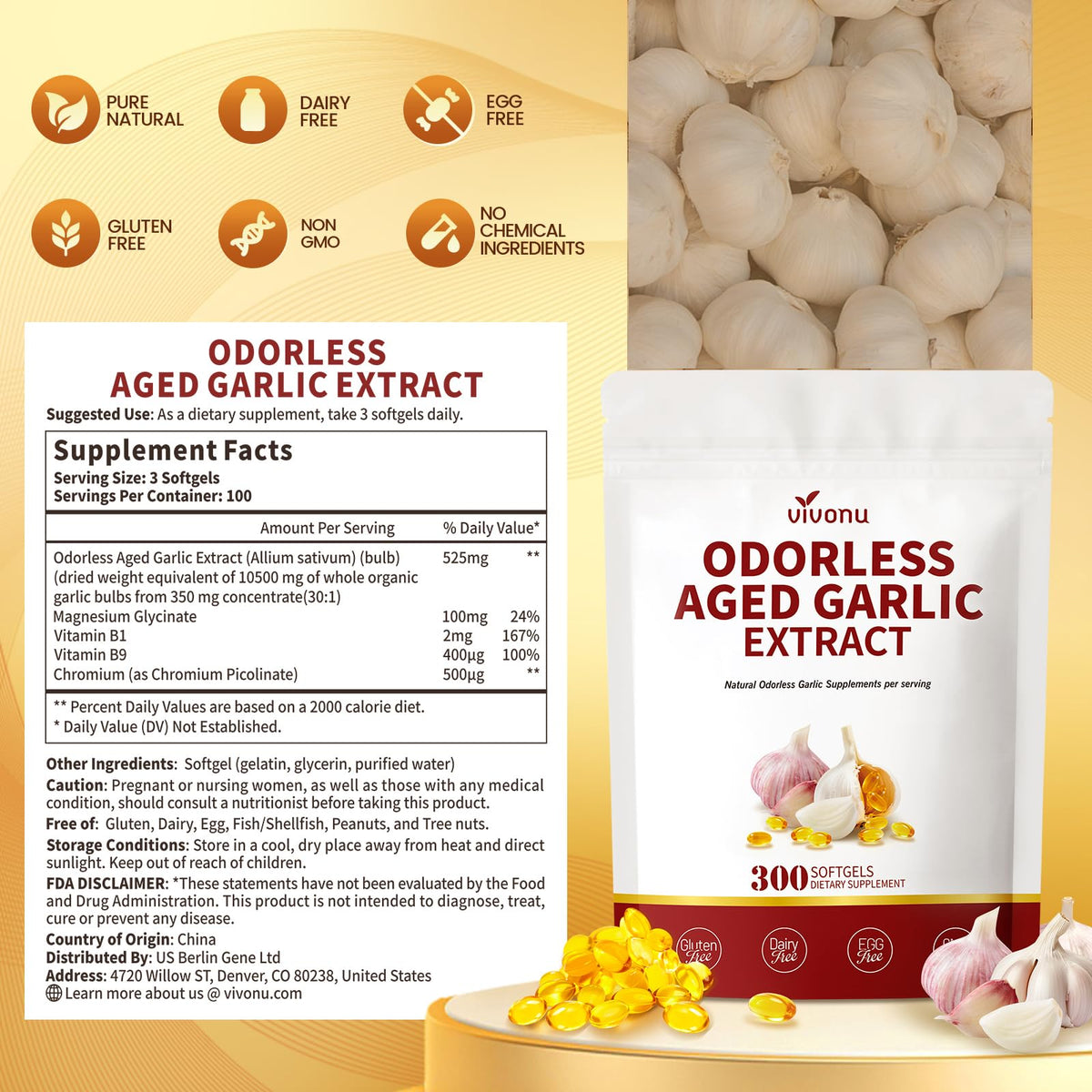 VivoNu Aged Garlic Extract Capsules in high-quality packaging, offering natural health benefits. Available at Curat Cart.