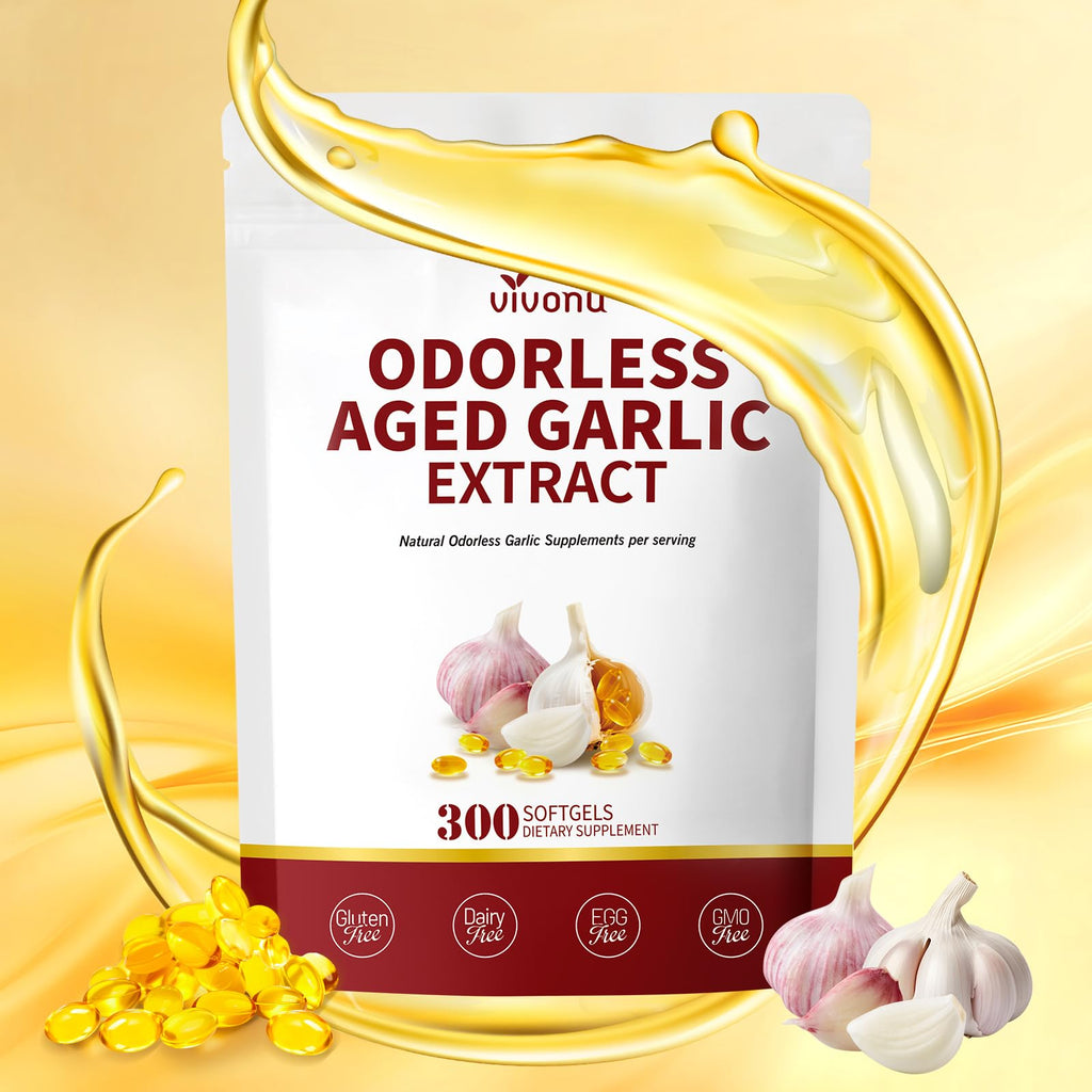 VivoNu Aged Garlic Extract Capsules in high-quality official packaging, promoting health benefits. Available at Curat Cart.