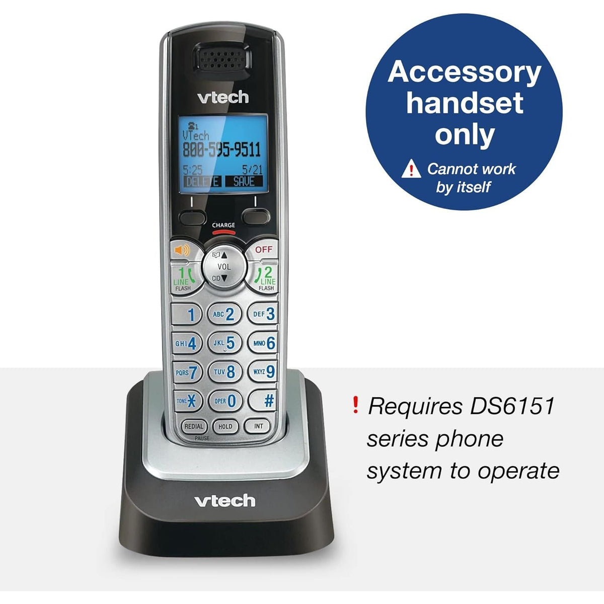 VTech Accessory Handset DS6151 Series - Front View With Key Features Highlighted | Authentic Curat Cart Stock