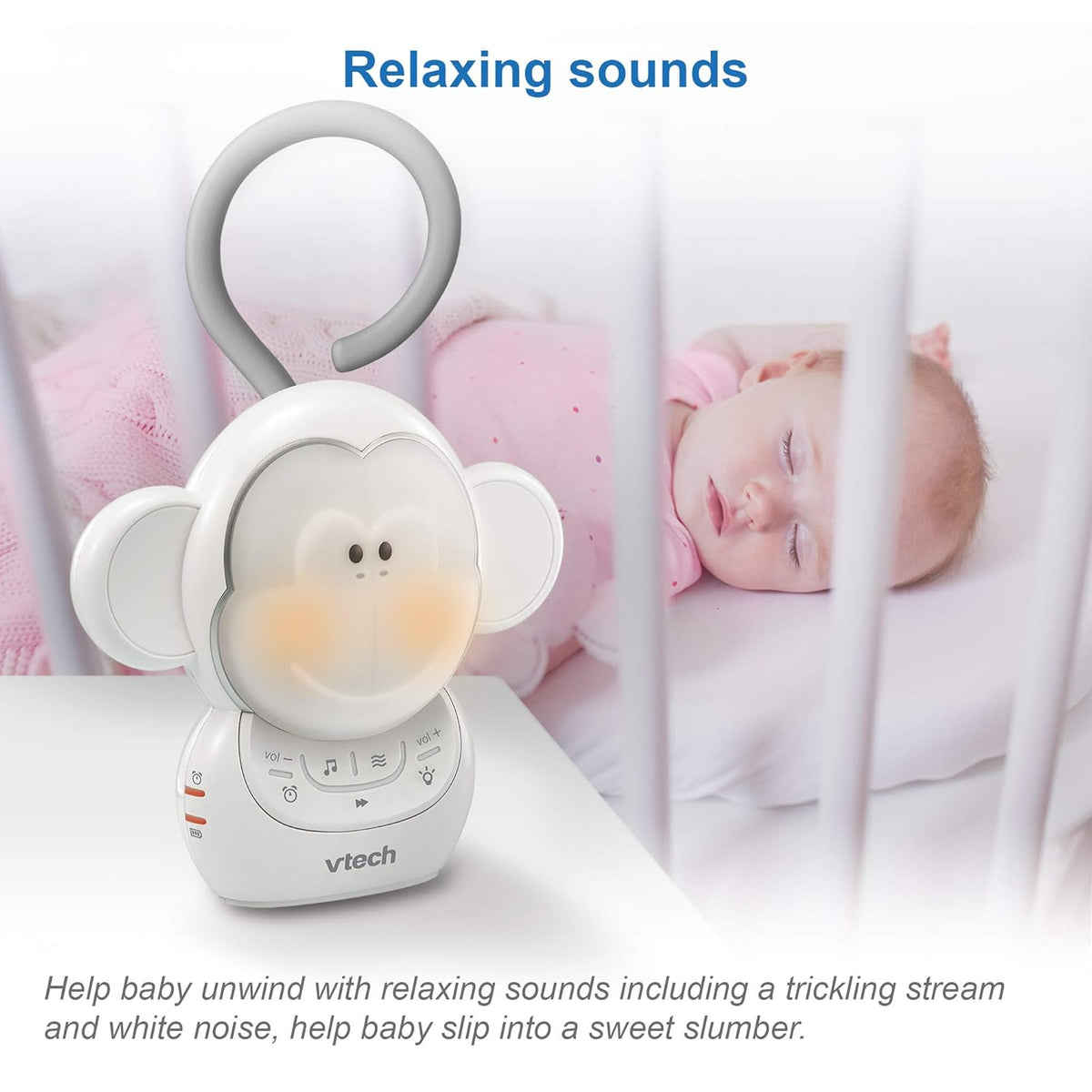 VTech Myla The Monkey Sleep Soother - Front Packaging With Key Benefit Callouts | Authentic Curat Cart Stock