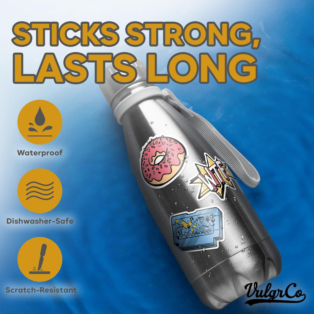 VulgrCo Custom Stickers showcase vibrant designs, waterproof and scratch-resistant. Available in India at Curat Cart.