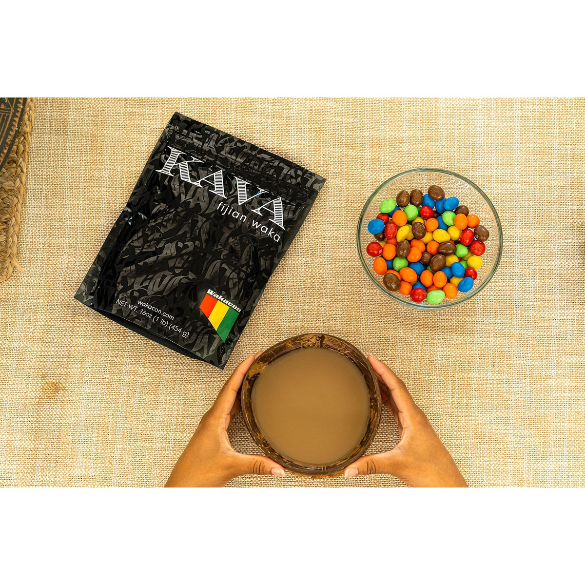 Wakacon Kava Kava Root Powder showcased with a drink and colorful candy, 100% Authentic and available in India at Curat Cart.