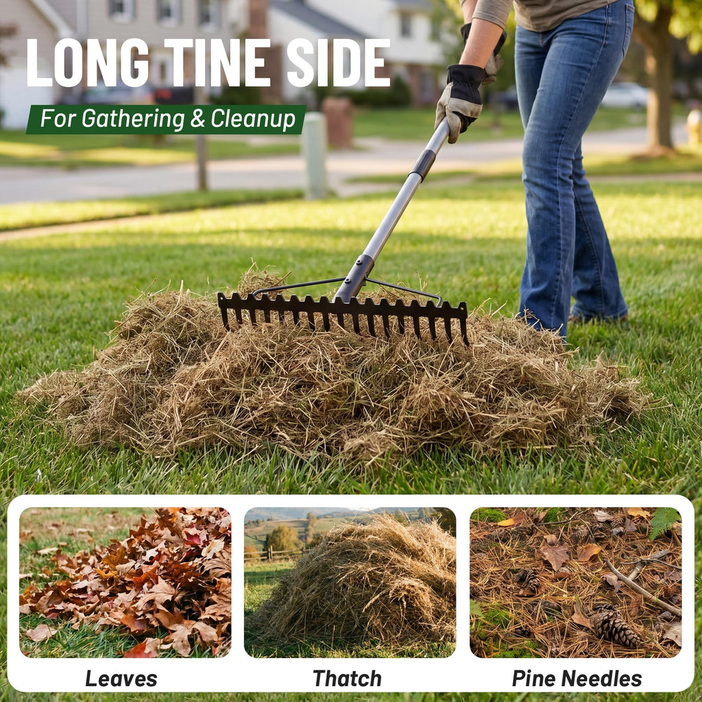 Walensee Heavy Duty Bow Rake expertly gathering leaves and debris. High-quality finish ensures durability. Available at Curat Cart.