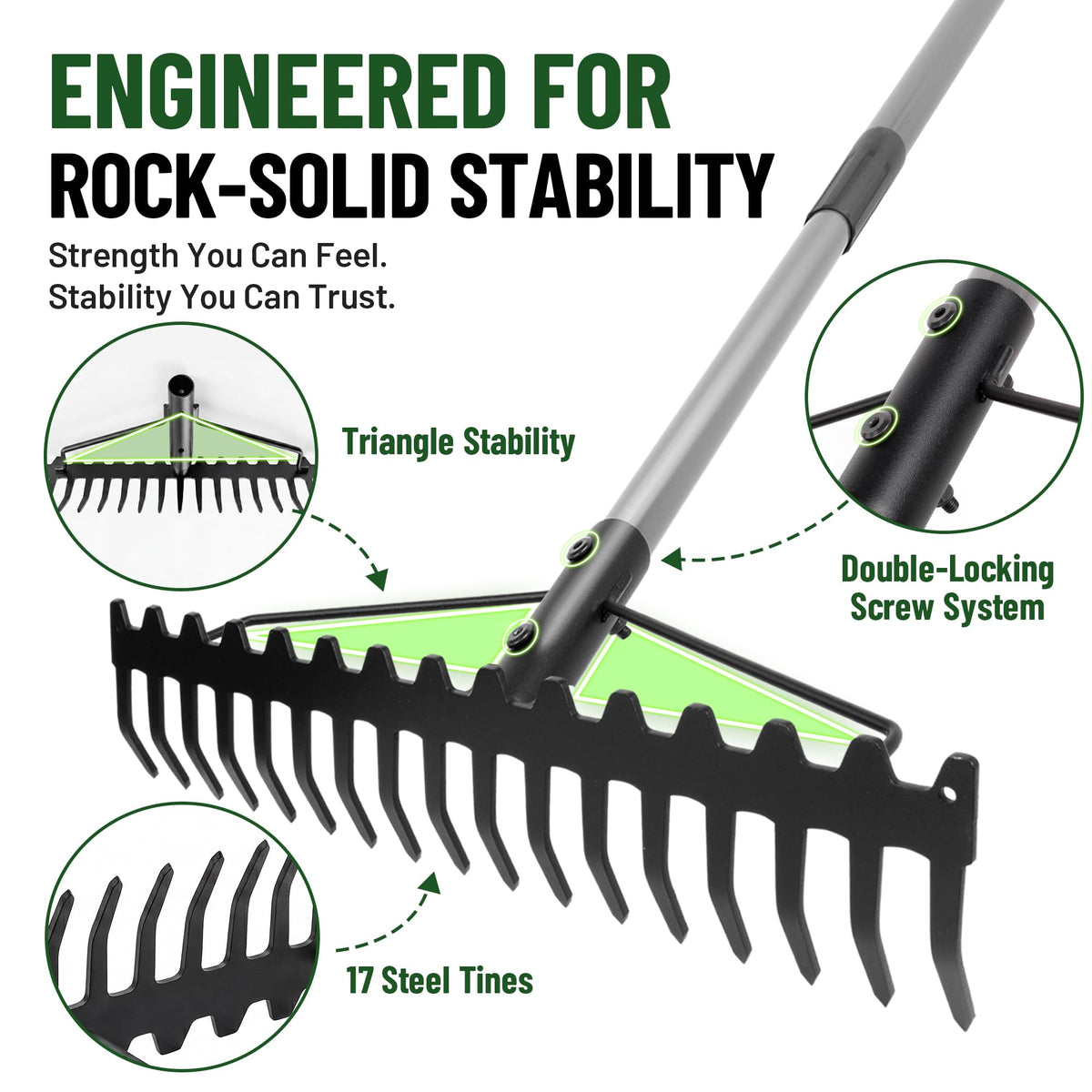 Walensee Heavy Duty Bow Rake offers rock-solid stability with 17 steel tines. Perfect for daily gardening tasks. Available at Curat Cart.