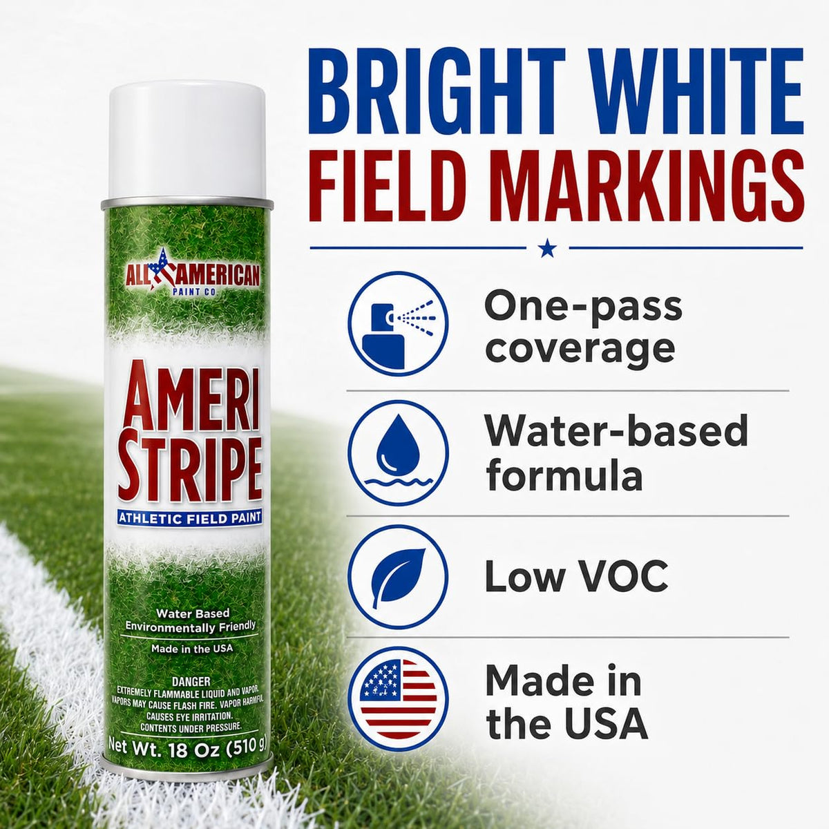 Premium imported White Athletic Field Marking Spray by AmeriStripe, featuring water-based, eco-friendly formula. Available at Curat Cart.