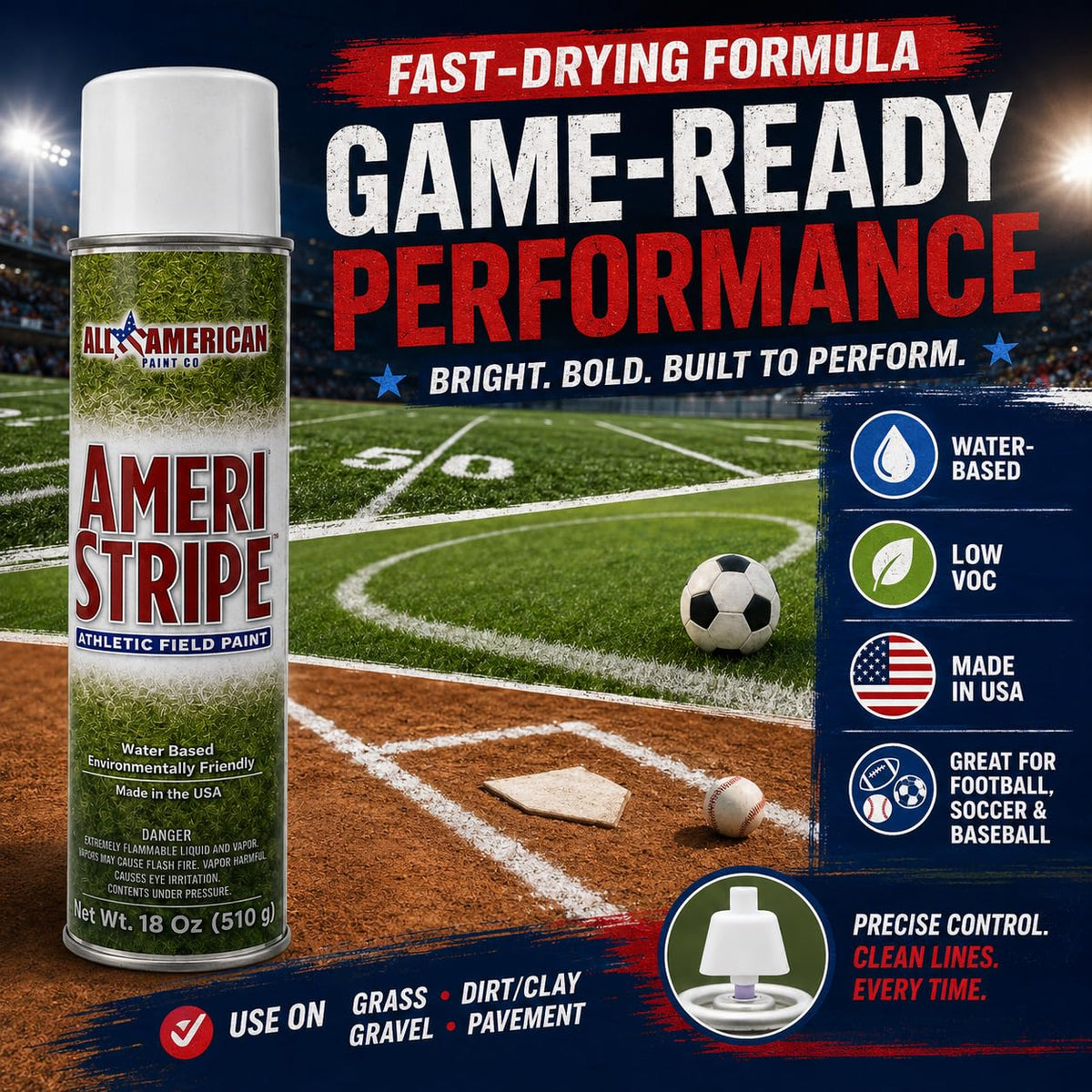 High-quality white athletic field marking spray from Curat Cart, designed for precise lines on grass, gravel, or pavement.